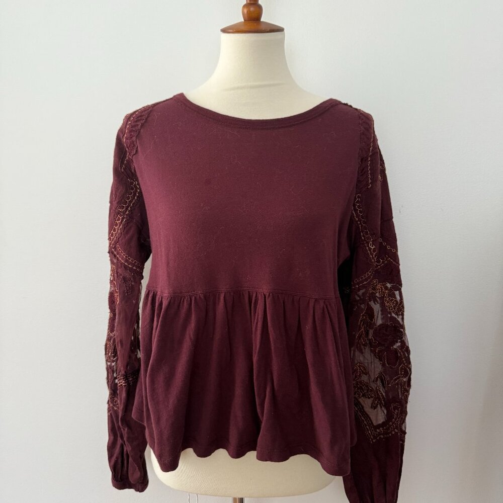 Free People Burgundy Embroidered Penny Tee Mesh Balloon Sleeve Cotton XS